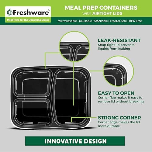 Freshware Meal Prep Containers [25 Pack] 3 Compartment with Lids, Food Storage Containers, Bento Box, Stackable, Microwave/Dishwasher Safe (32 oz) thumbnail 5