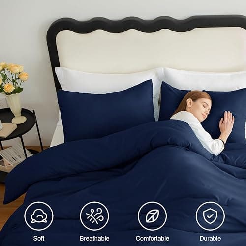 CozyLux Navy Blue King Size Comforter Set, 3 Pieces Solid Breathable Quilted Style Bedding Sets, Luxury Fluffy Soft Bed Set with Down Alternative Comforter for All Season (1 Comforter & 2 Pillowcases) thumbnail 4