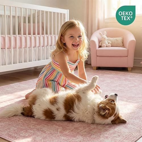 FROZZUR Boho Pink Area Rug 5x7 – Soft Washable Vintage Rug with Non-Slip Backing for Living Room, Bedroom & Nursery, Cozy Home Decor thumbnail 6