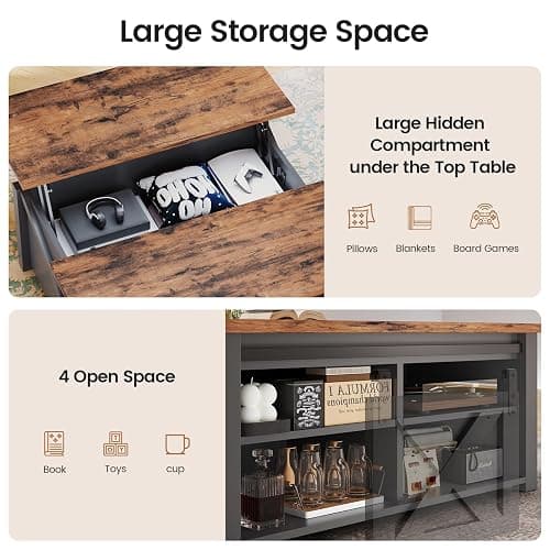 SEDETA 31.5" Lift Top Coffee Table with Storage, Square Coffee Tables for Living Room, Farmhouse Coffee Table with Large Hidden Storage Compartment and Adjustable Shelves, Black thumbnail 7
