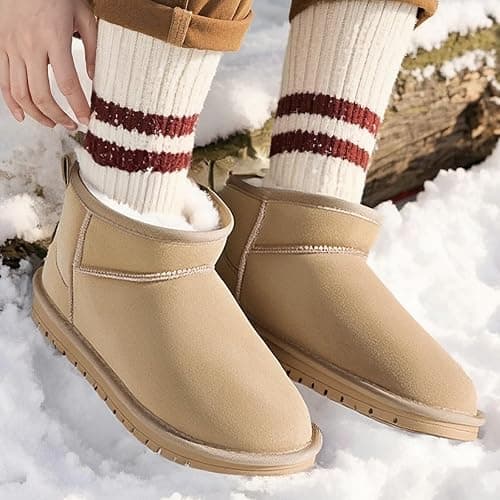 EVELLYHOOTD Genuine Suede Ankle Snow Boots for Women Men-Water Resistant Warm Flat Padded Winter Fuzzy Mini Boots with Cozy Faux Fur Lining thumbnail 2