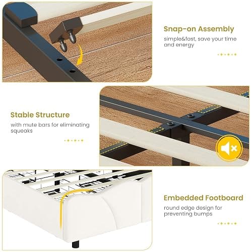 MSmask Twin Bed Frames with 4 Storage Drawers and LED Lights, Velvet Upholstered Platform Bed Frame with Height Adjustable Headboard, LED Bed Frame with Type C & USB, No Box Spring Needed, White thumbnail 7
