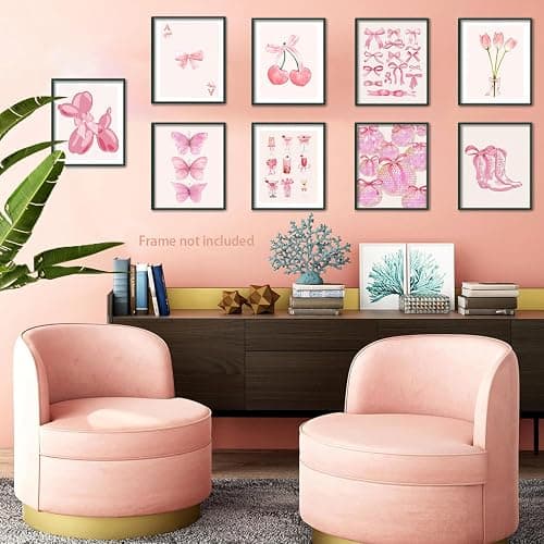 Ucninvd Pink Bow Wall Art Posters Set of 9 Trendy Coquette Preppy Wall Decor Paintings Disco Ball Girly Room Decor Aesthetic Canvas Pictures Prints for Bathroom Living Room Dorm 8x10Inch Unframed thumbnail 8