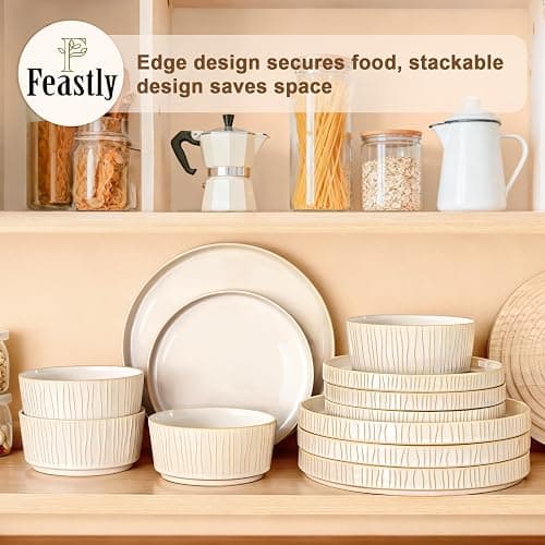 Feastly Stoneware Dinnerware Sets for 4, 12 Pcs Ribbed Reactive Glaze Ceramic Plates and Bowls Sets, Chip Resistant, Microwave Dishwasher Safe Dish Set, Housewarming Gifts, Cappuccino White thumbnail 6