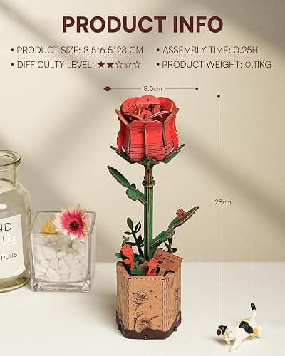 Wowood 3D Flower Wooden Puzzles for Adults-Red Rose, DIY Wooden Flowers Model Kit Building Set Crafts Birthday Gifts Women, Artificial Botanical Collection Creative Gift Ideas/Housewarming (106PCS) thumbnail 3
