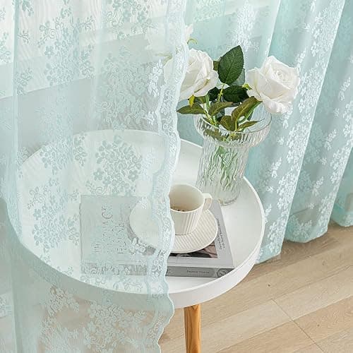 YJ YANJUN Vintage Lace Curtains 84 Inches Long-Victorian Floral Pattern Aqua Sheer Curtain Panels for Living Room Bedroom,Light Filtering, Memaid Beachy Drapes 2 Panels 52W x 84L Mint Green thumbnail 9