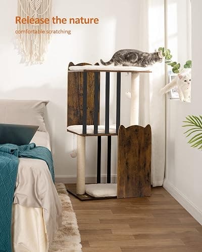 FourFurPets 43.8in 3-Tier Modern Cat Tree Tower Condo, Cat Scratch Posts for Indoor Cats, Big Plate, Two 19.7in Full Sisal Scratching Posts, Rustic Brown thumbnail 3
