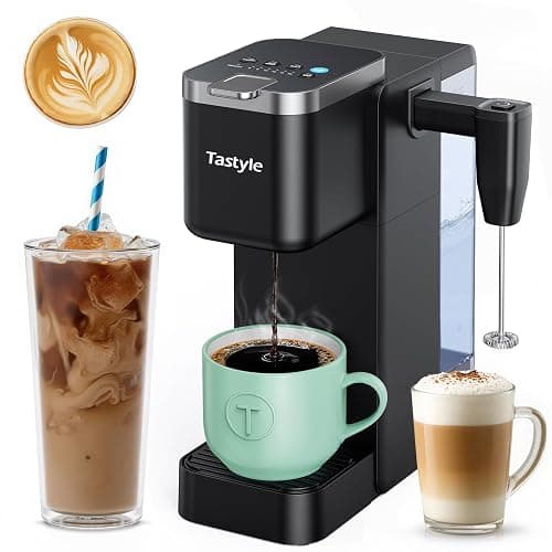Tastyle 330MF Single Serve Coffee Maker with Built-in Detachable Milk Frother, Iced and Hot Coffee Machine for K Cup & Grounds, 40oz Removable Water Reservoir, 6 Cup Sizes, Fits 7.3" Travel Mug, Black - Image 1