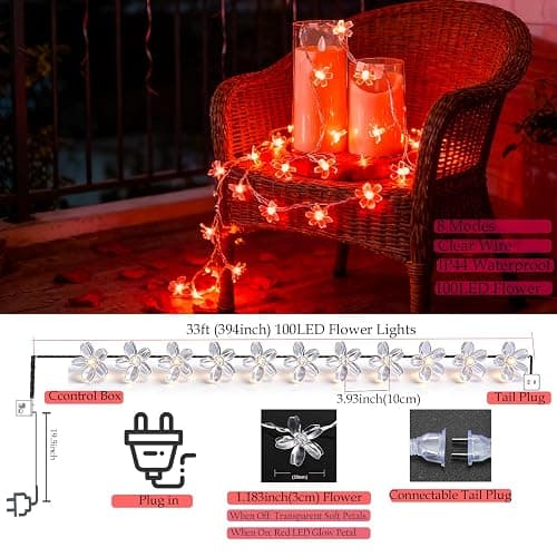 JACUXLSS Cherry Blossom Flower String Lights, 100 led 33 feet 8 Mode Plug in Fairy Lights for Valentine's Day, Wedding, Birthday Party, Christmas Easter Tree Hanging Decorations (Red) thumbnail 2
