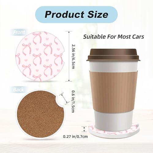 Cute Pink Bow Car Coasters for Cup Holders,2 Pack Car Cup Holder Coasters for Car,Ceramic Absorbent Car Coaster with A Finger Notch and Cork Base,Car Interior Accessories for Women Men thumbnail 2