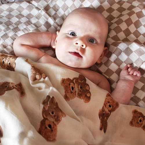 LifeTree Muslin Swaddle Blankets Neutral, Baby Swaddling Wrap Nursery Blanket for Boys & Girls Unisex, Soft 70% Viscose from Bamboo and 30% Cotton, Large 47 x 47 inches, Bear & Checkered Coffee thumbnail 3
