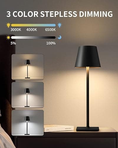 KDG Cordless Table Lamp, Portable LED Desk Lamp, 5000mAh Battery Operated, 3 Color Stepless Dimming Up, for Restaurant/Bedroom/Bars/Outdoor Party/Camping/Coffee Shop Atmosphere Night Light(Black) thumbnail 6