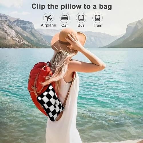 Travel Blanket and Pillow Compact, Premium Soft 2 in 1 Airplane Blanket with Soft Bag Pillowcase，Hand Luggage Sleeve and Backpack Clip (Checkered Black) thumbnail 3