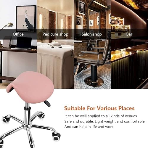 KKTONER Rolling Saddle Stool PU Leather Swivel Adjustable Rolling Stool with Wheels Salon Chair (Pink) thumbnail 7