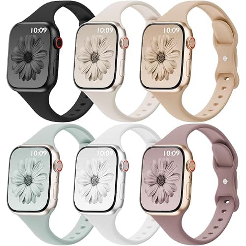 6 Pack Thin Bands Compatible with Apple Watch Band 38mm 40mm 41mm 42mm 44mm 45mm 46mm 49mm Women Men, Sport Silicone Strap Slim Wristband for iWatch Series 11 10 9 8 SE 7 6 5 4 3 2 1 Ultra - Image 1