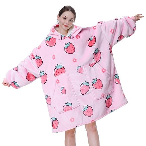 Aemicion Blanket Hoodie for Adults,Super Warm Cozy Giant Wearable Blanket,Thick Sherpa Sweatshirt Blanket with Sleeves as Gifts for Women Mom Teen Girls -Pink Strawberry thumbnail 2