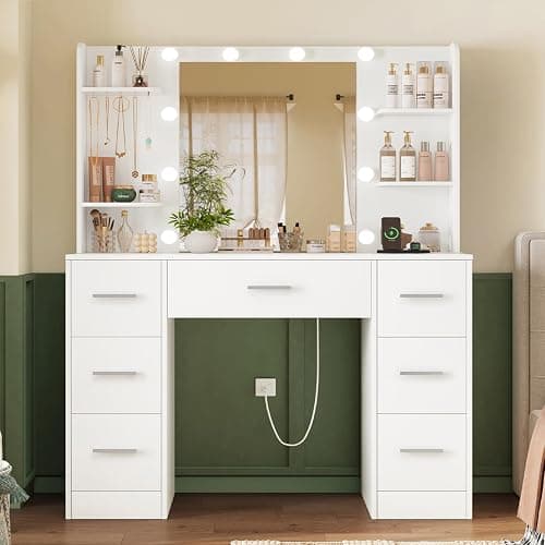 TEENFON Large Makeup Vanity, Vanity Desk with Mirror and Lights, Power Strip, Makeup Vanity Table with 7 Drawers, 4 Shelves and 5 Jewel Hooks, Bedroom, White - Image 1