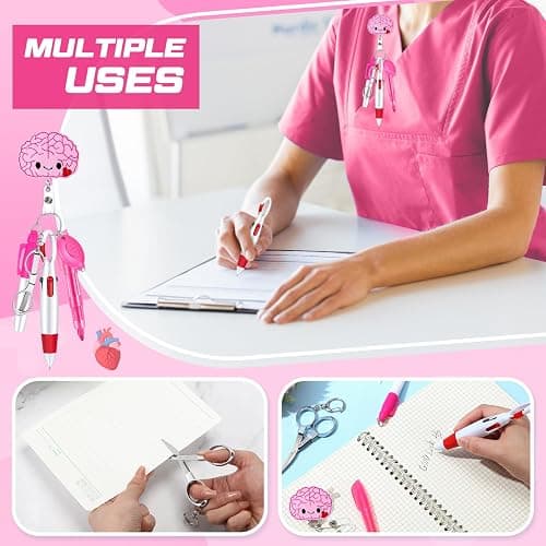 Sieral 6 Pcs Nurse Badge Accessories Include Permanent Marker Pen Highlighter Extendable Ballpoint Pen Foldable Scissors LED Flashlight Keychain Retractable Nurse Badge Clip (Pink,Cute) thumbnail 6