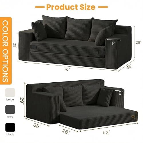 Winzoo Convertible Sofa Bed, Pull Out 3 Seater Sleeper Sofa, 70" Black Boneless Couch Fold Out Floor Couch with 5 Pillows for Living Room Bedroom Lounge Small Space thumbnail 2