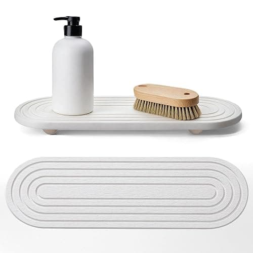 Instant Dry Sink Caddy Organizer, Fast Drying Sink Caddy, Water Absorbing Stone Sponge Holder for Kitchen and Bathroom Countertop with Natural Loofah and Wooden Feet - Image 1