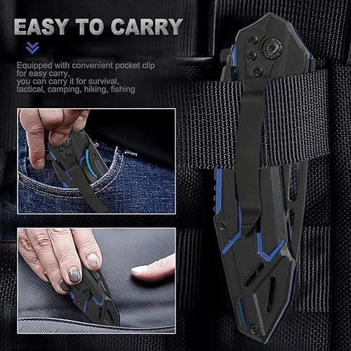 VIFUNCO Pocket Knife for Men, EDC Tactical Knife with Clip, Liner Lock, Stainless Steel Sharp Pocket Knives for Outdoor, Survival Camping Hiking, Gifts for Dad Him Husband - BlueBlack thumbnail 6