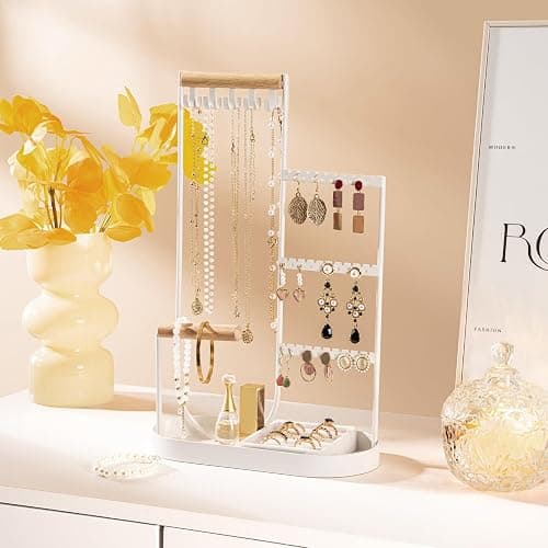 ProCase Jewelry Organizer Tower, 10 Hooks Jewelry Storage Rack Tree Holder Stand with Velvet Ring Display Tray for Necklaces Bracelets Earrings Rings Watches -White thumbnail 2