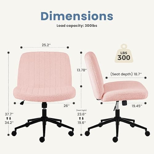 DUMOS Criss Cross Chair with Wheels, Legged Office Armless Wide Desk Seat with Dual-Purpose Base, Adjustable Swivel Teddy Fabric Task Vanity Home Bedroom, Pink - Pink - With Wheels thumbnail 2