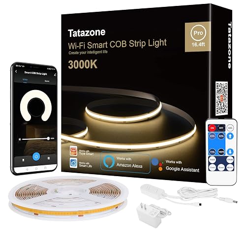 Tatazone Smart White COB Led Strip Light with App and Remote, 16.4ft 3000K Bright Warm White WiFi COB Light Strip Compatible with Alexa Google, Dimmable Indoor Led Lights for Mirror, Cabinet, Kitchen - Image 1