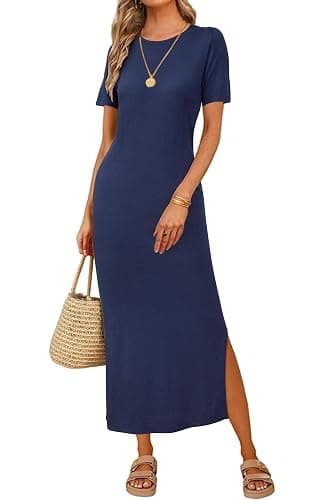 Arach&Cloz Women's Wool Blend Fall Business Casual T Shirts Maxi Dress | Soft Wool Blend, Medium Stretch & Thickness,Crew Neck short Sleeve Maxi Dress With side Slit fits,Casual And All Occasions - Image 1