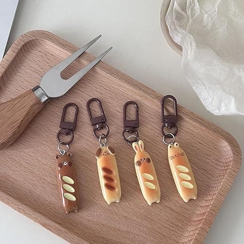 4Pcs French Bread Cute Keychain Key Rings for Backpack Purse - Cat, Rabbit, Dog, Bear Resin Creative Pendant Charms - Kawaii Accessories for Women thumbnail 3
