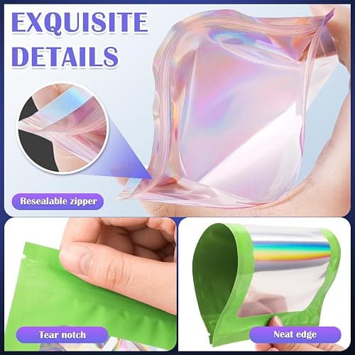 JETMORE 100 Pcs Mylar Bags, Smell Proof Bags Foil Pouch, Holographic Resealable Bags for Small Business, Candy Sample Jewelry Bag Sealable Packaging for Party Favor Food Storage (2.4x3.9in-Green) thumbnail 5
