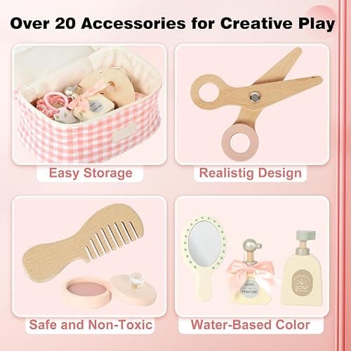 Pithfor Wooden Makeup Toy Set, Pretend Play Makeup Set for Kids Toddlers, Play Beauty Makeup Kit for Girls 3 4 5 6 7 Year Old thumbnail 5