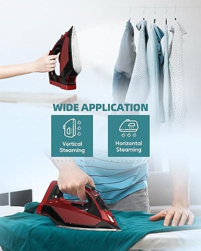 OMAIGA Cordless Iron for Clothes - 1500W Steam Iron with Non-Stick Ceramic Soleplate, Rapid Heating, Auto Shut Off, Burst of Steam, Self-Clean, Anti-Drip, Anti-Calc, 3 Temperature Settings, Red thumbnail 8
