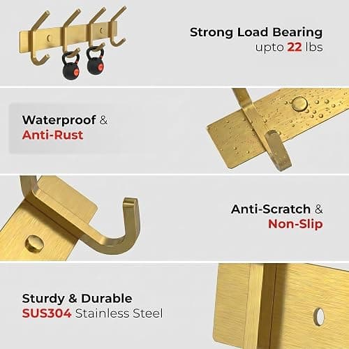 SAYONEYES Brushed Gold Wall Mounted Coat Rack – 12 Inch Stainless Steel Rail with 4 Double Coat Hooks for Entryway, Bathroom, Bedroom, Kitchen – Modern Gold Hook Rack for Coats, Hats, Towels thumbnail 4