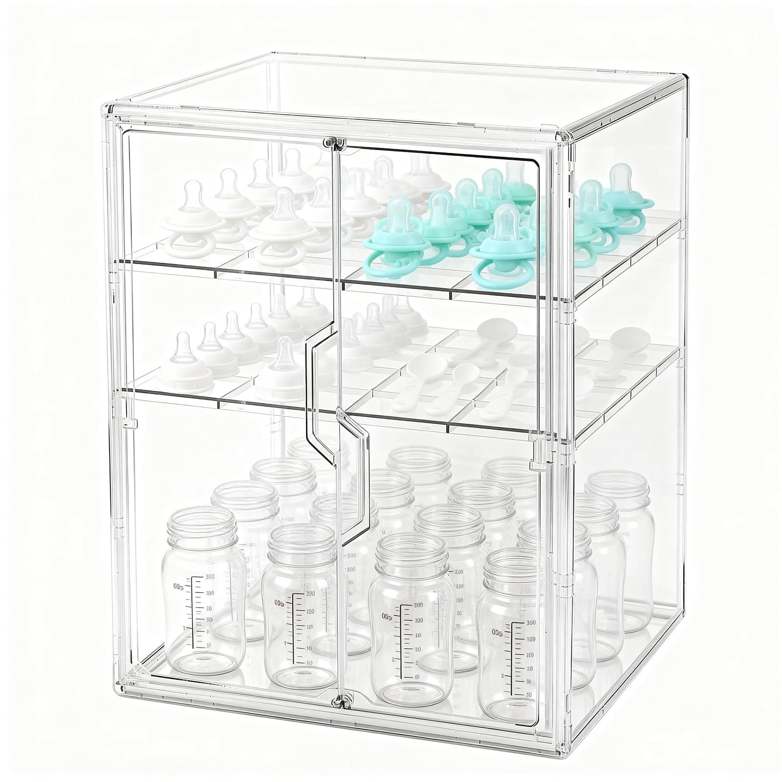 Organizador de biberones, almacenamiento de botellas de 3 niveles para encimera con puertas magnéticas dobles, organizador de estación de botellas de plástico transparente con 2 divisores ajustables - Image 1