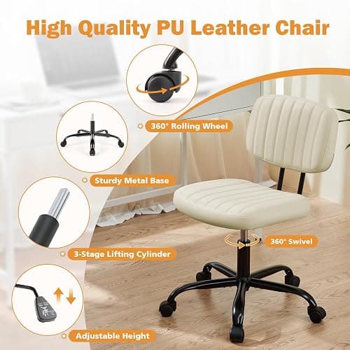 Sweetcrispy Office Desk Chair, Small Vanity Chair, Lumbar Support | Armless PU Leather, Height Adjustable Rolling Swivel Task, Bedroom Home Student, Beige White thumbnail 6
