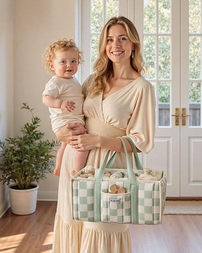 Blissful Diary Checkered Diaper Caddy Organizer, Stylish Nursery Storage Basket, Gift for Baby Shower, Newborn Essentials, Registry Search Must Haves, Sage Green thumbnail 7