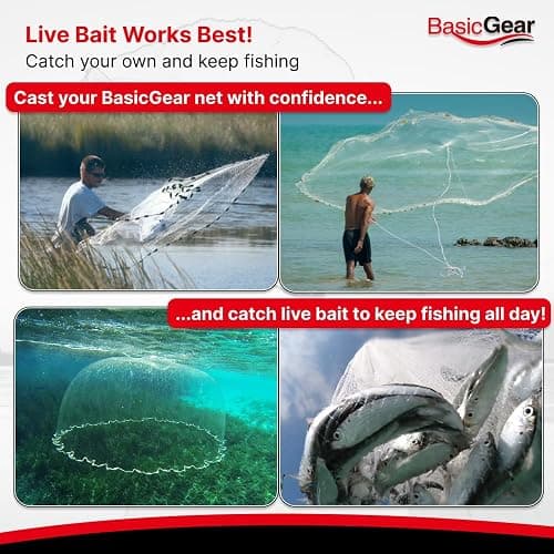 BasicGear Cast Net | 3ft-12ft Radius, 3/8 or 1/4 inch Mesh for Freshwater and Saltwater Bait Fish| Professional Grade and Upgraded Material | Throw Style thumbnail 3