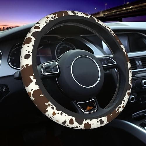 Brown Western Cow Print Steering Wheel Cover for Women Men with 2 Pcs Car Coasters, 15 Inches Neoprene Anti-Slip Cute Universal Car Accessories Protective Cover for Vehicle thumbnail 2