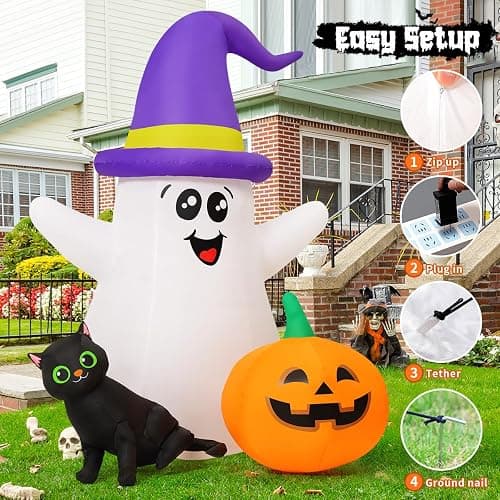 GOOSH 5 FT Halloween Inflatables Ghost Outdoor Decorations Blow Up Yard Cute Wizard Ghost with Black Cat Pumpkin with Built-in LEDs for Garden Lawn Indoor Party Decor thumbnail 5