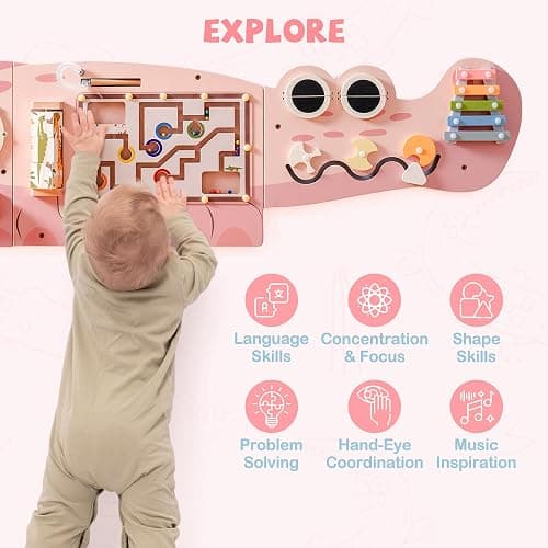 ROBOTIME Crocodile Busy Board Wall Panels for Toddlers, Pink Montessori Sensory Activity Board, Montessori Sensory Wall-Mounted Learning Center Toy for Kids Room, Educational Toys for Boys & Girls thumbnail 4