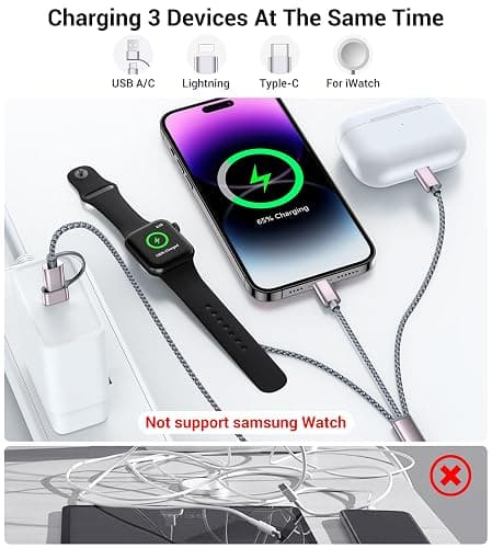 Temdan for Travel Essentials,3 in 2 USB C Cable for Apple Watch Charger/iPhone 17 Charger/Lightning,Multi Charging Cable Cord,Vacation Camping Essentials,Portable Designed for iWatch &iPhone 16-12-4FT thumbnail 4