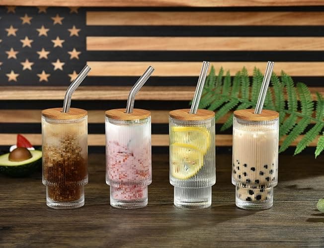 ALINK Glassware 4pcs Set,Water Drinking Glasses Cups 11 oz with Bamboo Lids and Glass Straws, Vintage Iced Coffee Cups, Origami thumbnail 8
