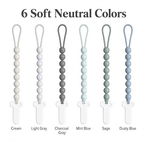 6 Pack Neutral Silicone Pacifier Clips for Boys and Girls, One Piece Beads Pacifier Clip Set with Durable Plastic Clip, Neutral Baby Pacifier Holder Set thumbnail 5