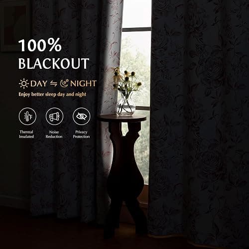 Beauoop Floral 100% Blackout Curtains 84 Inches Long 2 Panels for Bedroom Living Room Pink White Farmhouse Dusty Rose Flower Patterned Room Darkening Thermal Grommet Window Treatments Drapes, 50X84 thumbnail 4