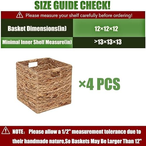 12x12in Storage Baskets Set of 4 Water Hyacinth Baskets,Foldable Handwoven Storage Cubes,Wicker Cube Baskets Laundry Organizer Totes for Home thumbnail 3
