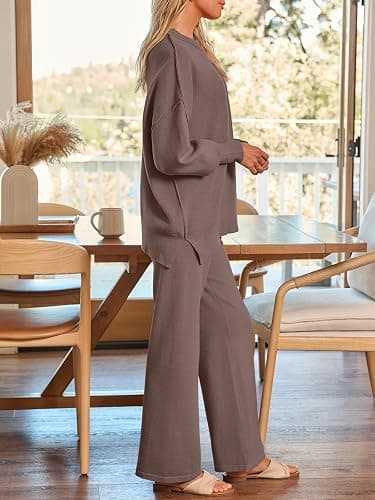 LILLUSORY Women 2 Piece Outfits Sweatsuit Oversized Knit Pullover Sweater Tops Wide Leg Pants Lounge Set thumbnail 3