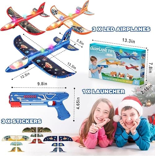 3 Pack Foam Airplane Launcher Toy with 3 DIY Stickers, 12.6" Glider Led Plane, Catapult Plane Boy Toys, Outdoor Sport Flying Toys for Kids Birthday Gifts for 4 5 6 7 8 9 10 11 12 Year Old Boys Girls thumbnail 2