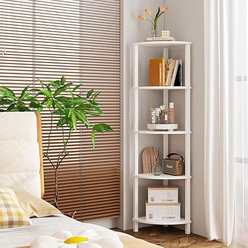 VIMBER Corner Shelf, 5-Tier Corner Bookshelf, Industrial Corner Ladder Shelf, Modern Display Shelf for Living Room, Bedroom, Kitchen, Home Office, White UJSJ001W thumbnail 6
