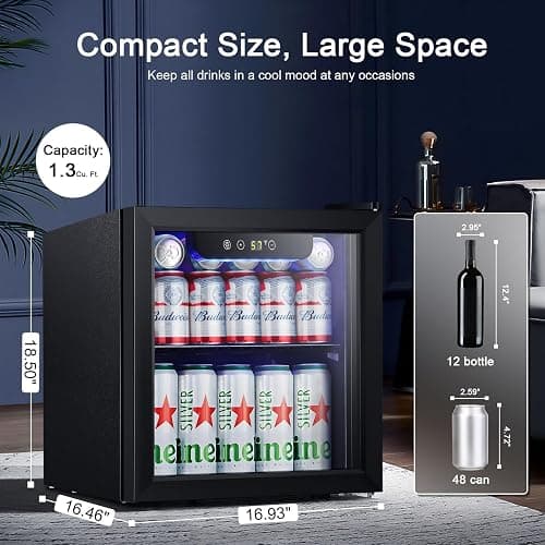 Antarctic Star Mini Fridge Cooler - 12 Bottle 48 Can Beverage Refrigerator Glass Door for Drinks or Beer Wine –Small Drink Dispenser for Home, Office or Bar, Electronic Temperature Control，1.3cu.ft. thumbnail 2